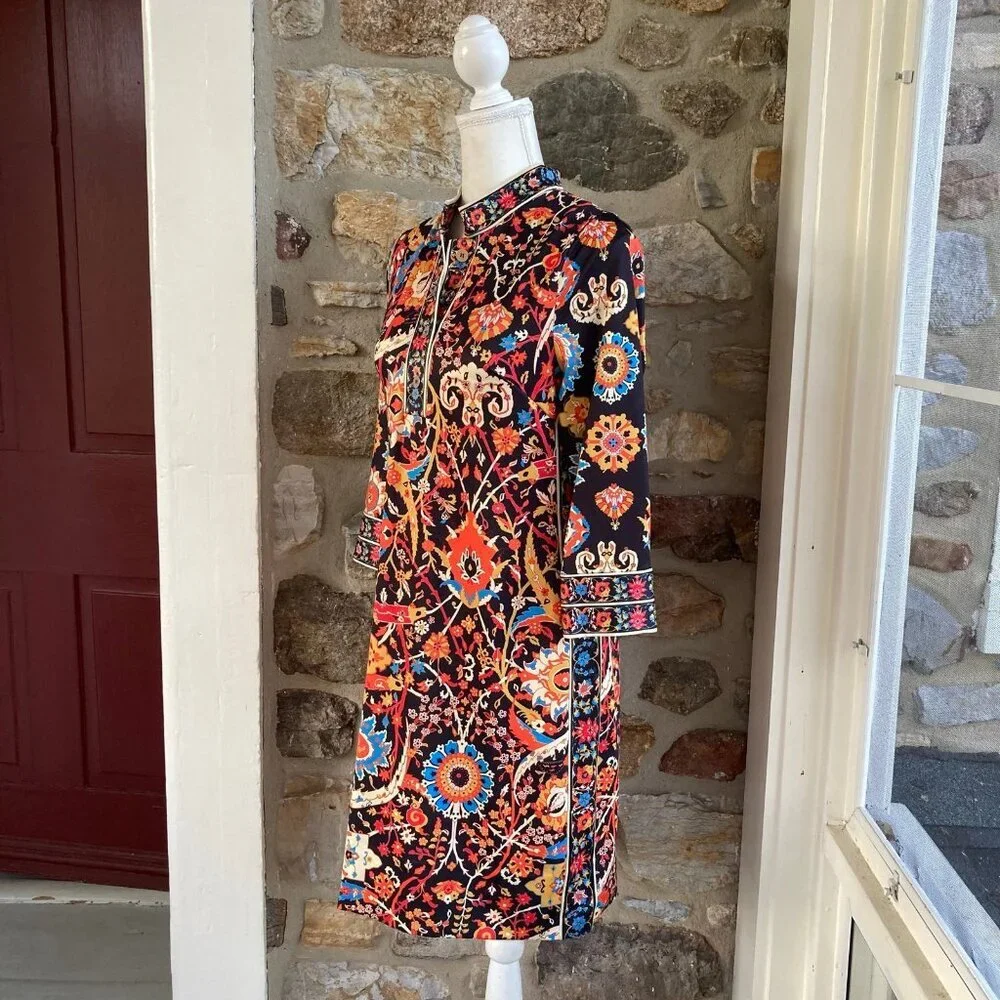 GRETCHEN SCOTT JERSEY MANDARIN DRESS MAGIC CARPET BLACK MULTI $189 Womens Small - Picture 5 of 11